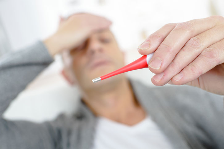 Worried man checking
  termometer